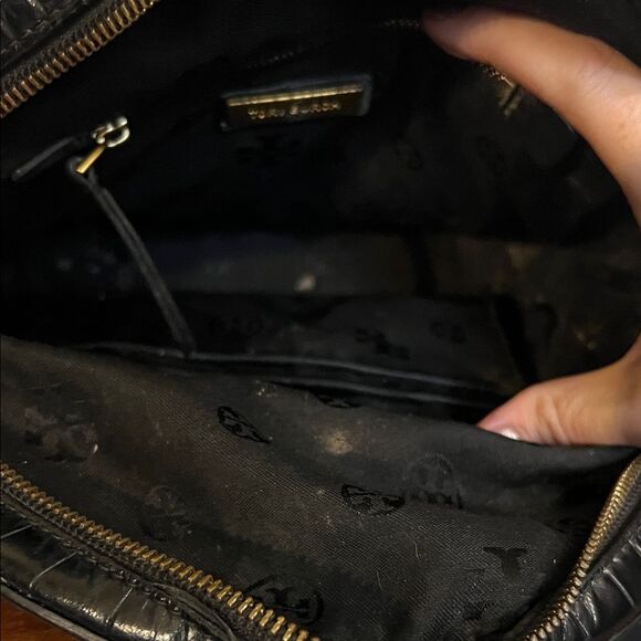 Tory Burch Croc Embossed Black Leather Mini Backpack Purse Gold Logo Casual Luxe